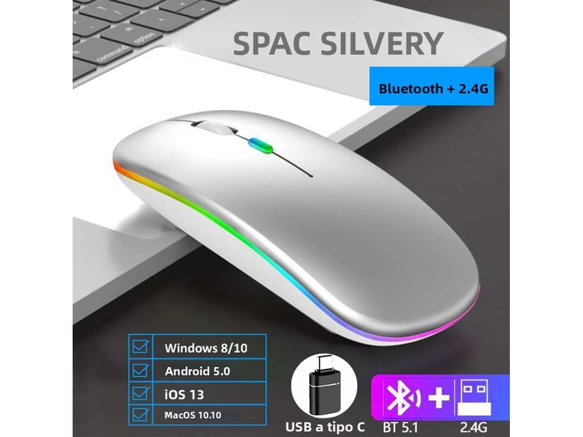 Mouse Sem Fio 2.4g (prateado, Modo Duplo), Silencioso E Compatível Com Bluetooth, Portátil.