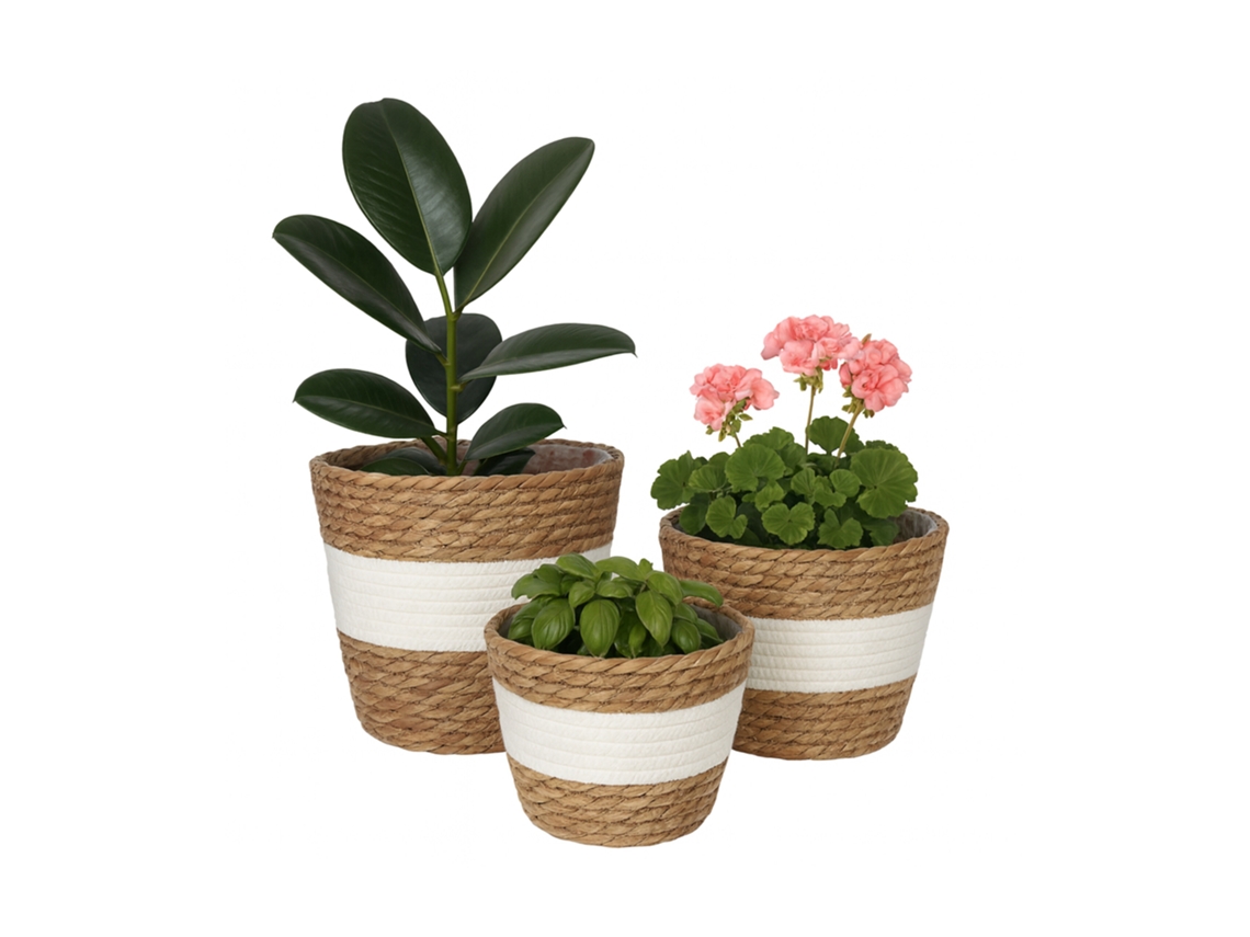 Relaxdays Vaso De Flores, Conjunto De 3, Em Junco, Vasos Forrados, 3 Tamanhos, Estilo Boho, Redondos, Branco/castanho