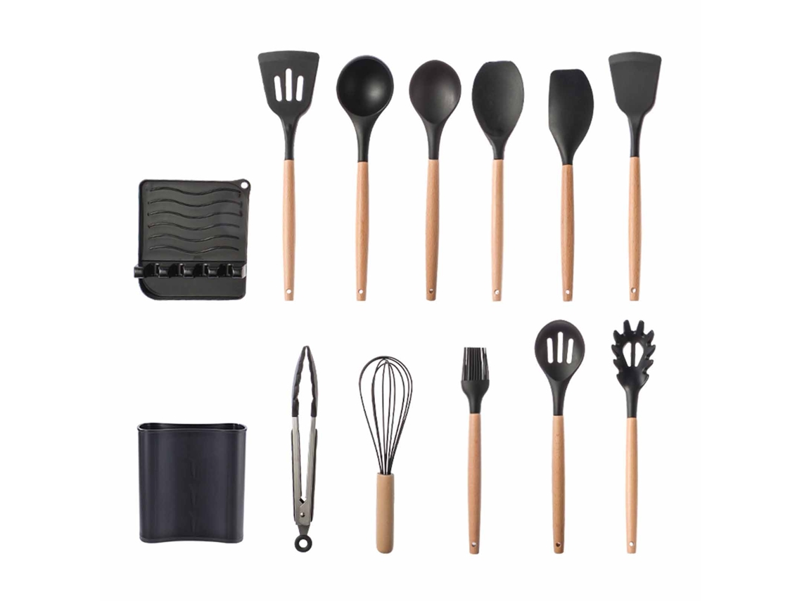 Conjunto de utensílios de cozinha silicone antiaderente com cabo de madeira resistente ao calor 13 peças S/MARCA