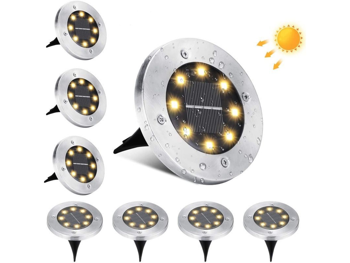 Luzes Solares Externas Nova Line, 8 LEDs, IP65, Inox, Recessadas, Para Passagem, Jardim, Etapas, Branco Quente, 8 peças