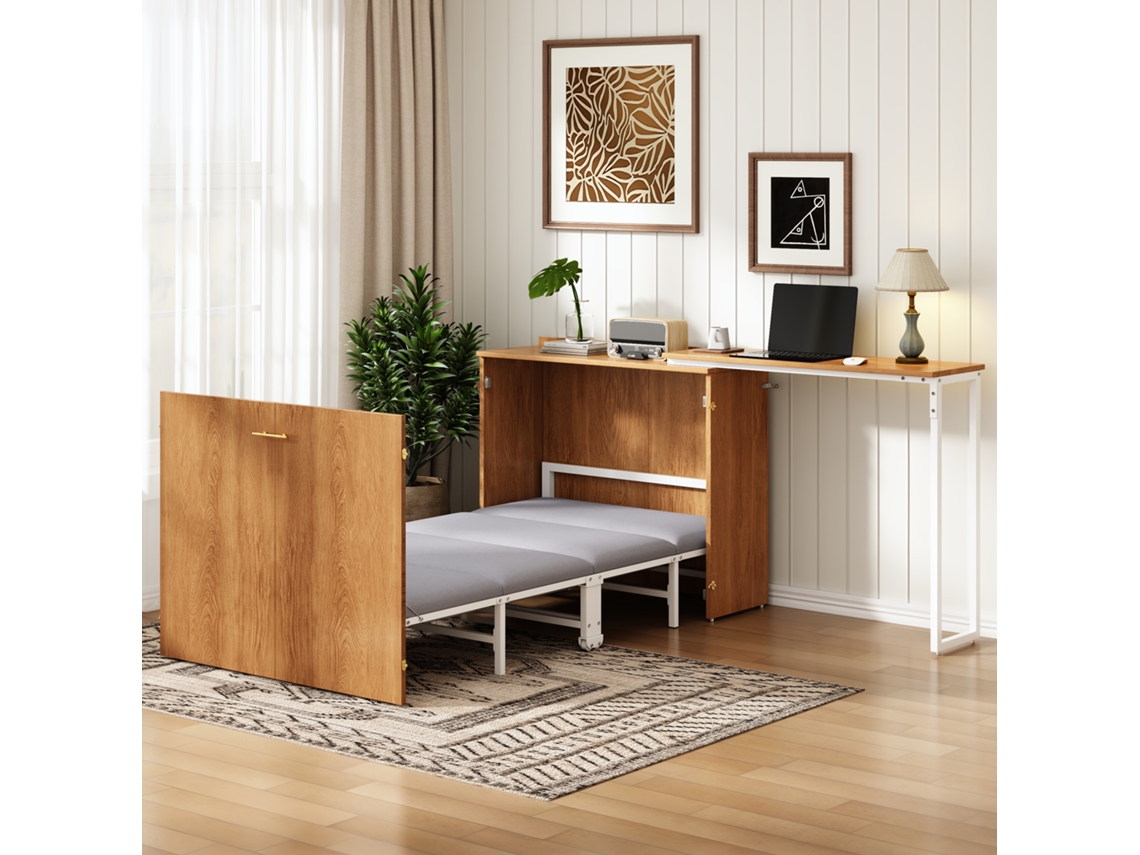 Cama Dobrável Com Escrivaninha Giratória E Colchão, Cama-armário Compacta Sobre Rodas, Ideal Para Espaços Pequenos, Quarto De Hóspedes E Home Office.