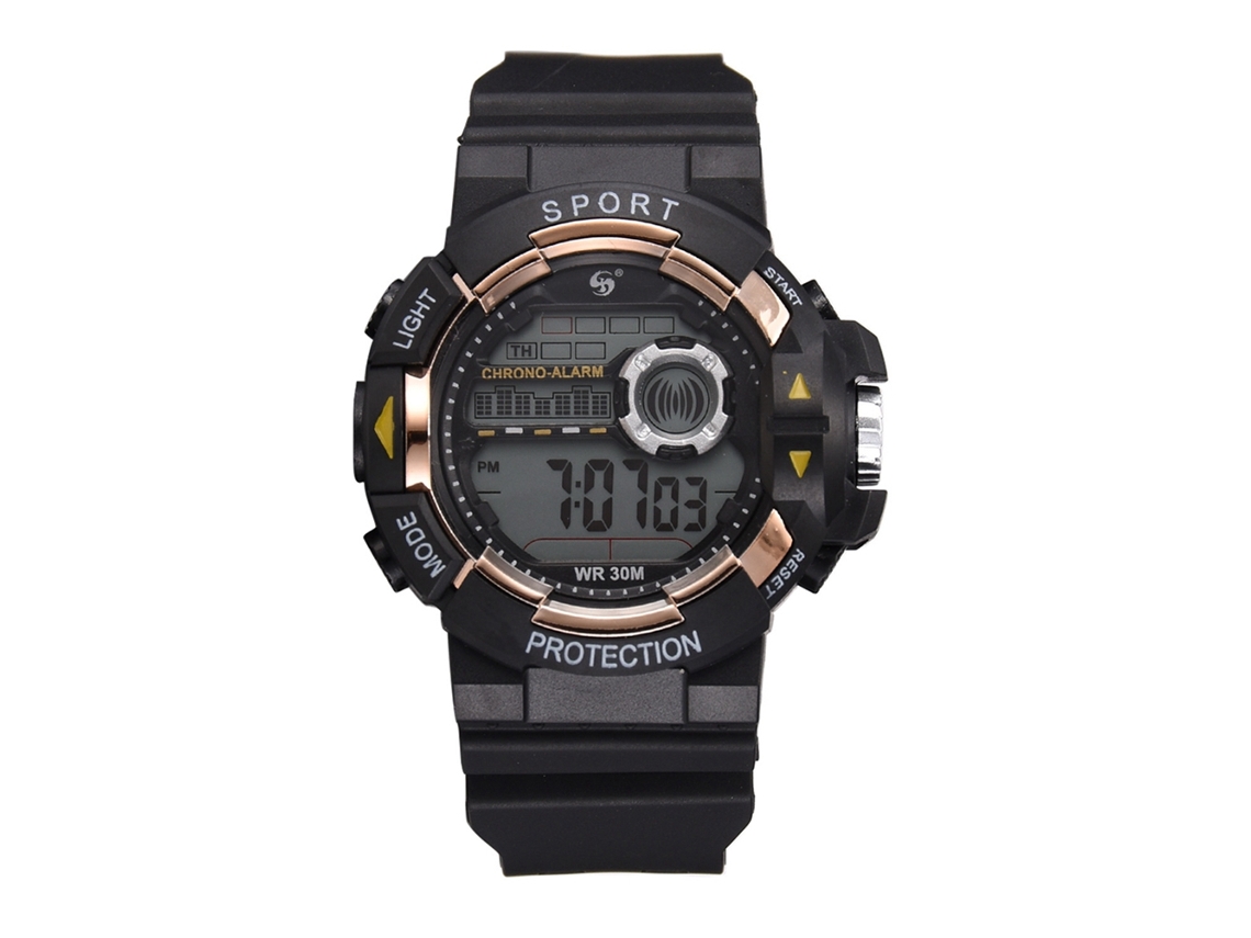 Relógio esportivo eletrônico masculino, à prova d'água, pulseira dourada, estilo universitário