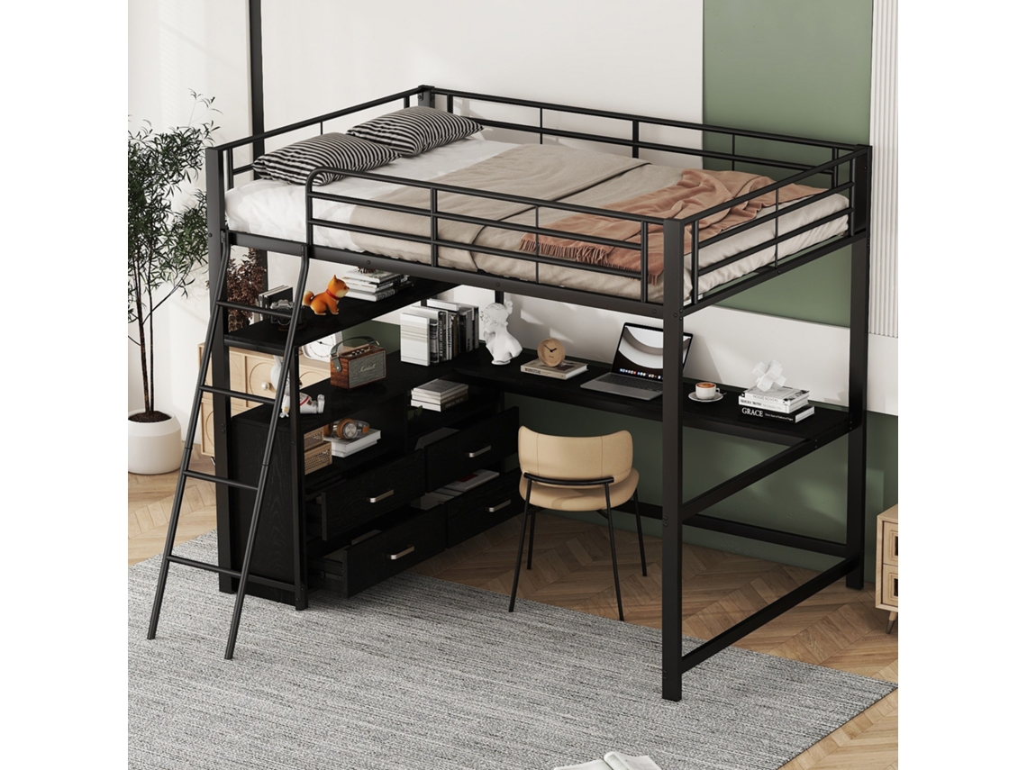 Cama alta, 140*200cm, estrutura de ferro, gavetas práticas, escrivaninha elegante em formato de L, sem colchão.