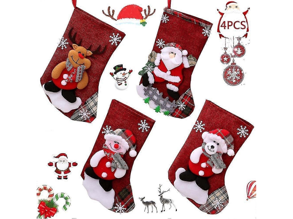 4 Meias De Natal Com Papai Noel E Um Alce Para Decorar Sua Árvore De Natal, Lareira E Festas. Loja Olysi
