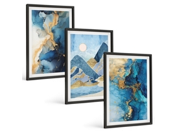 Quadros Decorativos Para Parede Montanhas Azuis, Padrões Abstratos Moldura Preta Imagens Para Um Quarto Infantil Espelharte (3 Piezas De 40x60 Cm)