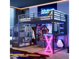 Cama Alta 140x200 Preta com Led Escada Secretária Roupeiro