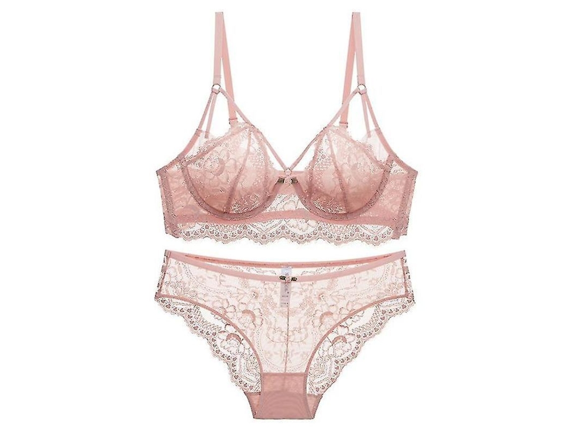 Sutiã de Renda Transparente com Recheio Leve e Calcinha de Renda, 85% Algodão e 15% Spandex, Fecho Gancho e Olho, Conforto Todo Dia Rosa