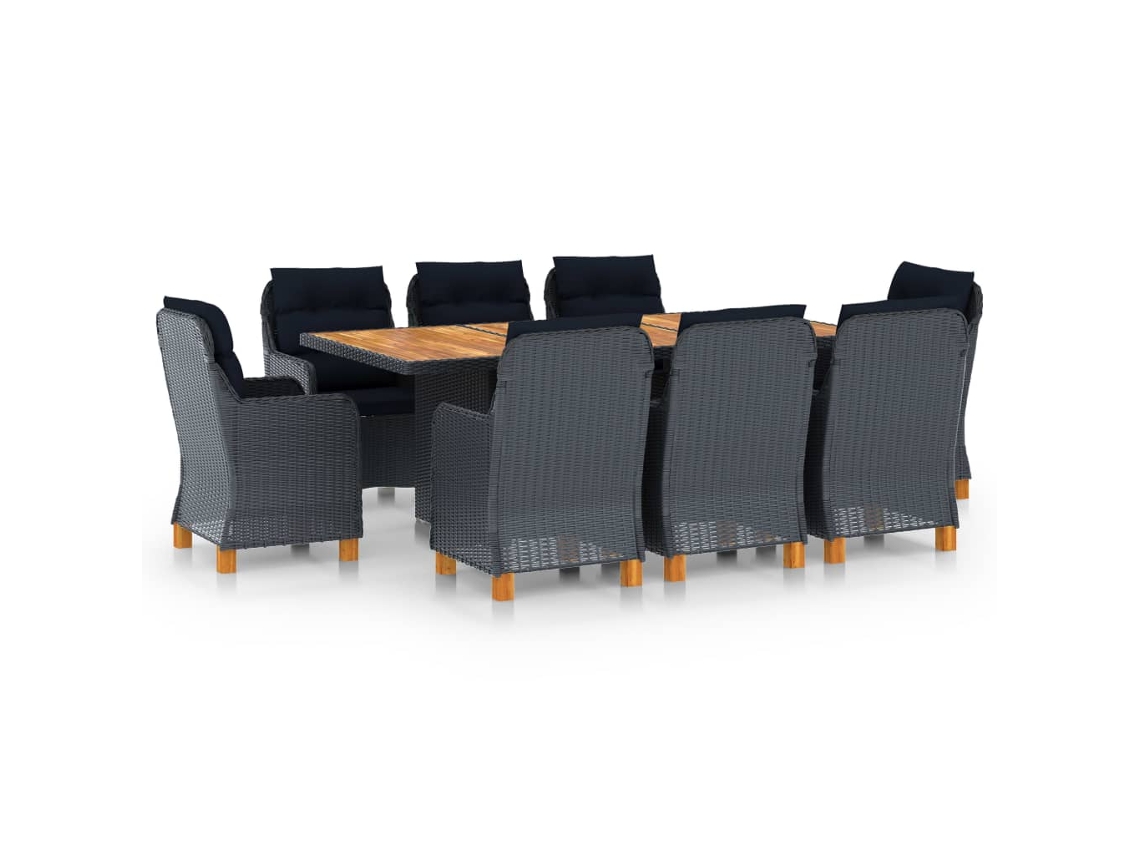 Vidaxl 9 Pcs Conj. Jantar Exterior C/ Almofadões Vime Pe Cinza-escuro