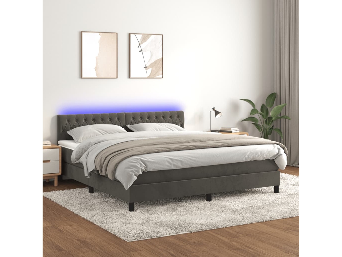 Vidaxl Cama Box Spring C/ Colchão/led 160x200cm Veludo Cinzento-escuro