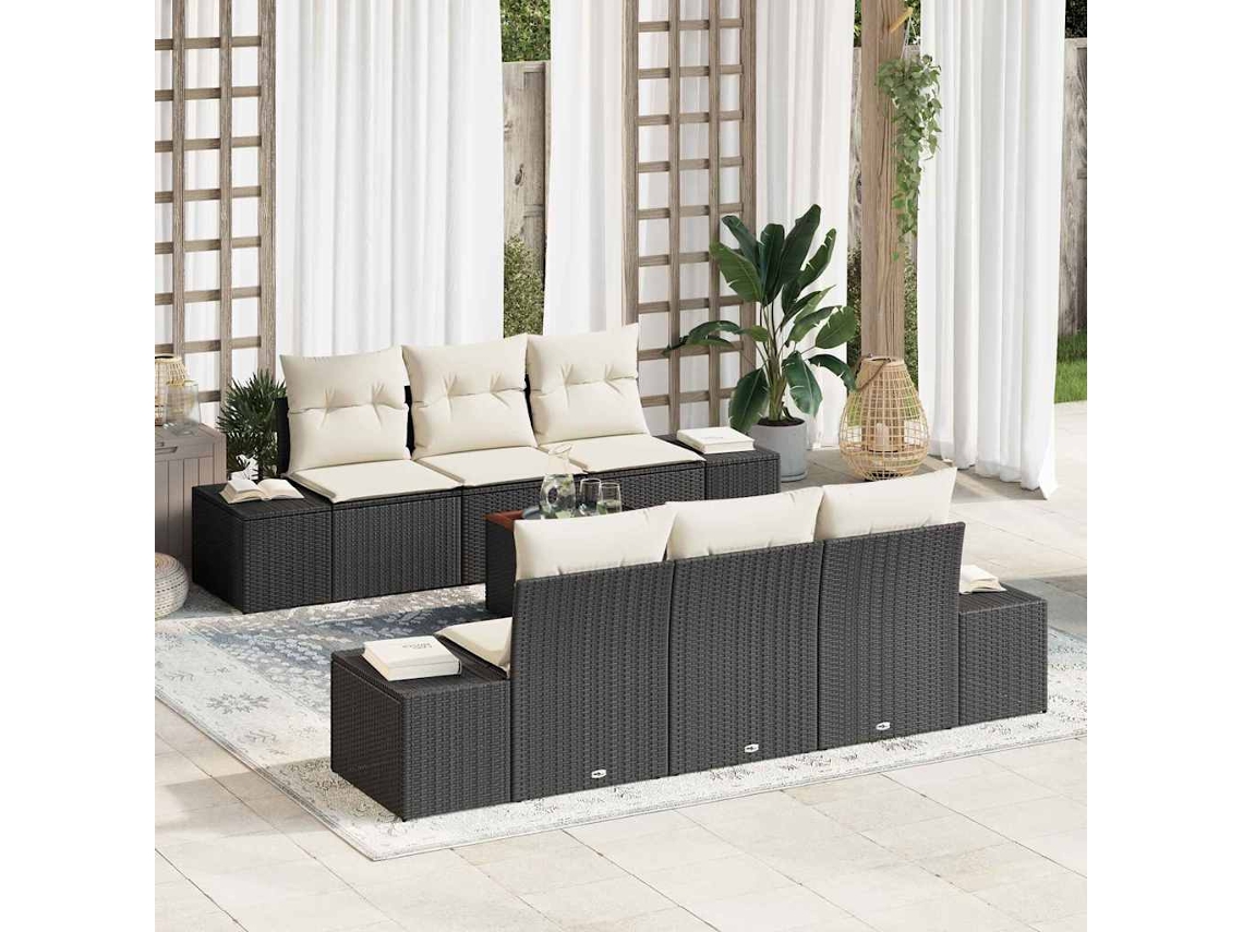 Vidaxl Conjunto De Sofá De Jardim Com Almofada 7 Pcs Preto Vime Pe