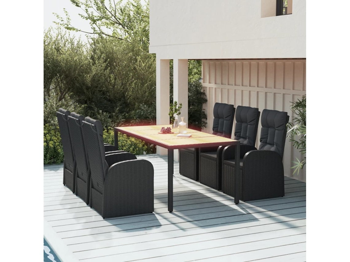 Conjunto 7 Peças Jantar P/ Jardim C/ Almofadões Vime Pe Preto Dkd Home Decor
