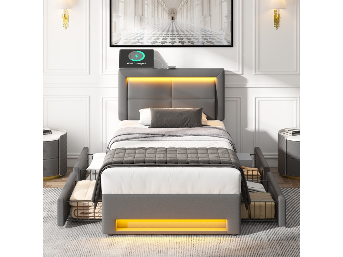 Cama Estofada 90x190 Cm Led, Usb, 4 Gavetas, Sem Colchão, Imitação De Couro Lichia Cinza Estilo