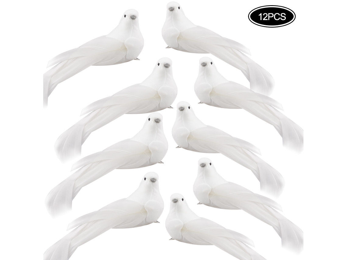 Conjunto de 12 Pombas Artificiais em Pena Branca para Natal, Casa, Jardim e Festas