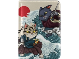 Porta Passaporte Japonês em Couro Genuíno com Estampa de Gatinho Leve