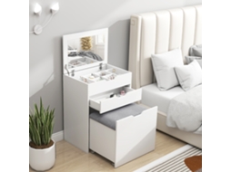 Toucador com Banco Oculto e Espelho Rebatível Mesa de Maquilhagem Gaveta e 7 Compartimentos Assento Acolchoado Branco