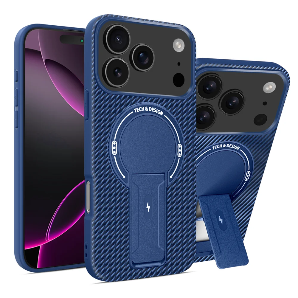 (azul, Iphone 12 Pro) Capa De Carregamento Magnética Com Textura De Fibra De Carbono, Suporte Dobrável E Capa Protetora.