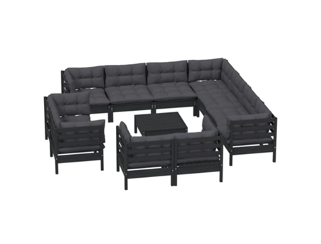 Conjunto Lounge Jardim com Almofadões Pinho Maciço Preto 12 Un