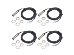 Conjunto com 4 sensores de proximidade indutivos de 12 mm NPN DC com 3 fios e alcance de 2 mm.