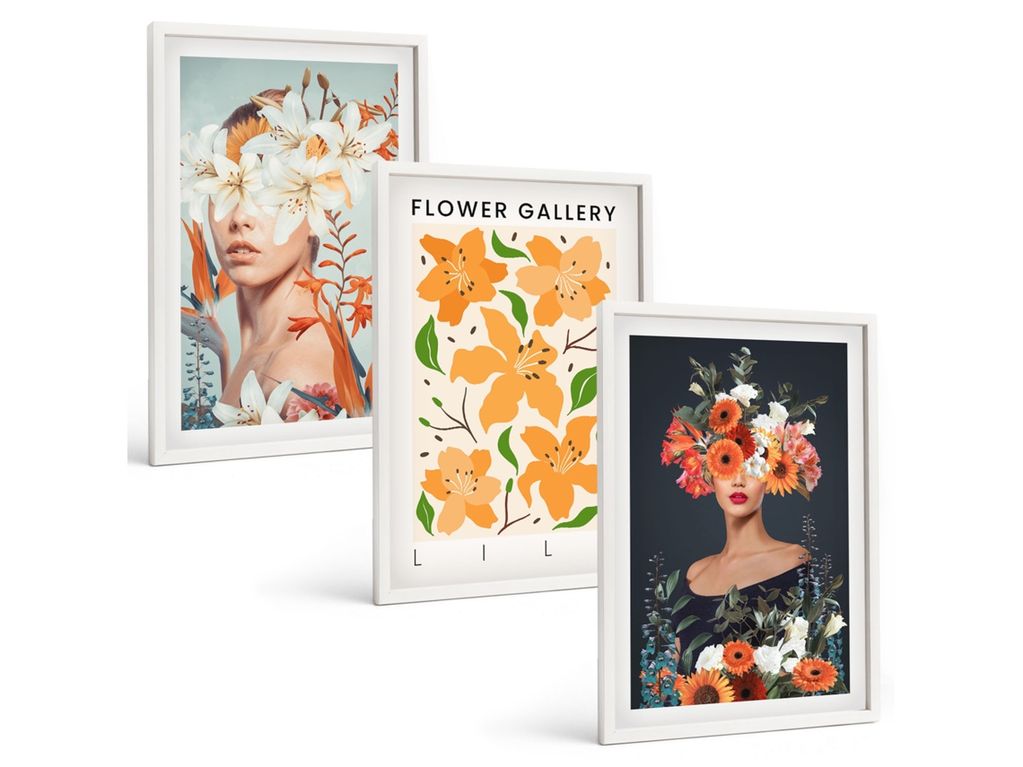 Galeria De Pinturas Murais Retratos Florais Com Buquês Moldura Branca Quadros Para A Sala De Estar Espelharte (3 Piezas De 40x60 Cm)