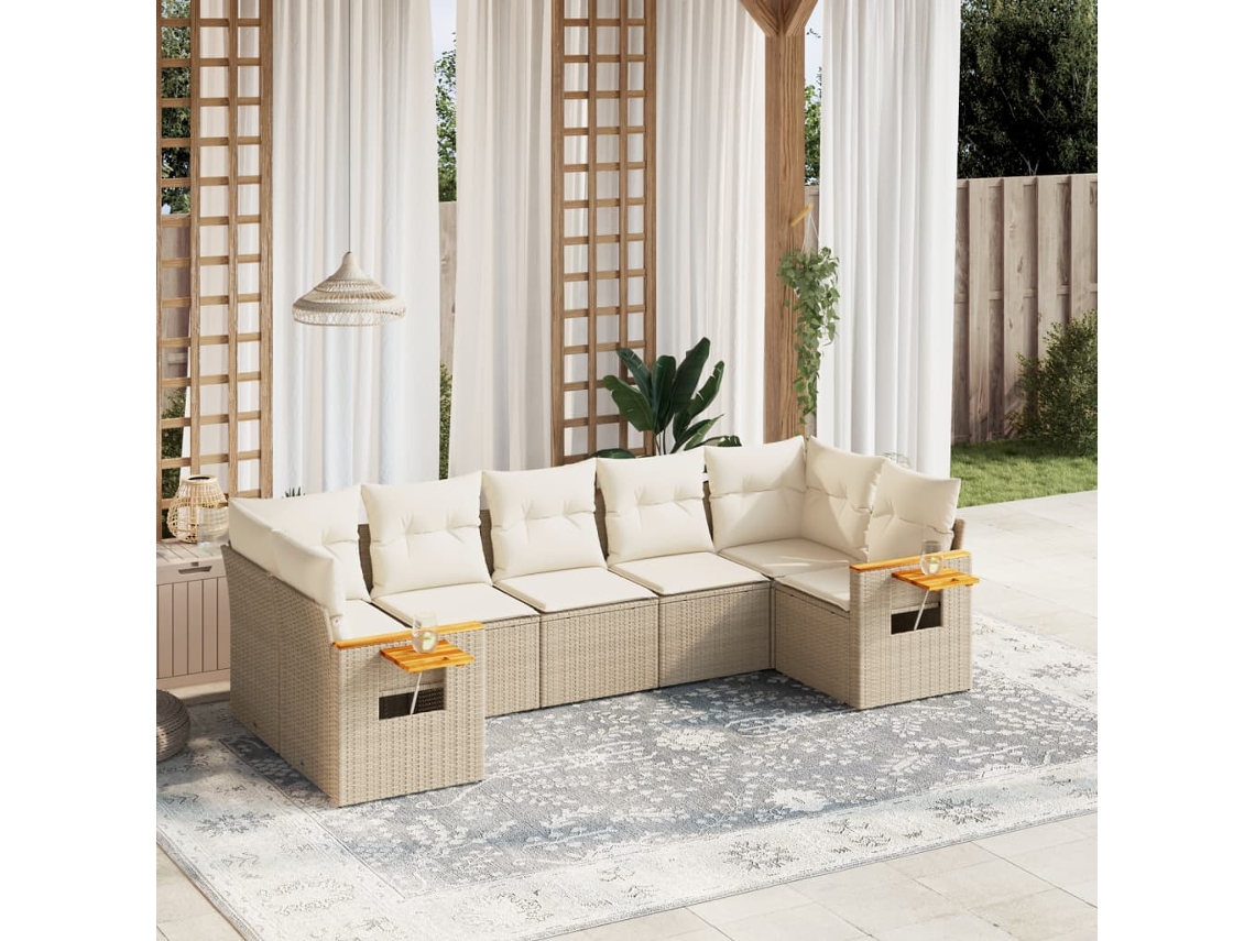 Conjunto de 7 Sofás para Jardim com Almofadas Vime Pe Bege Dkd Home Decor