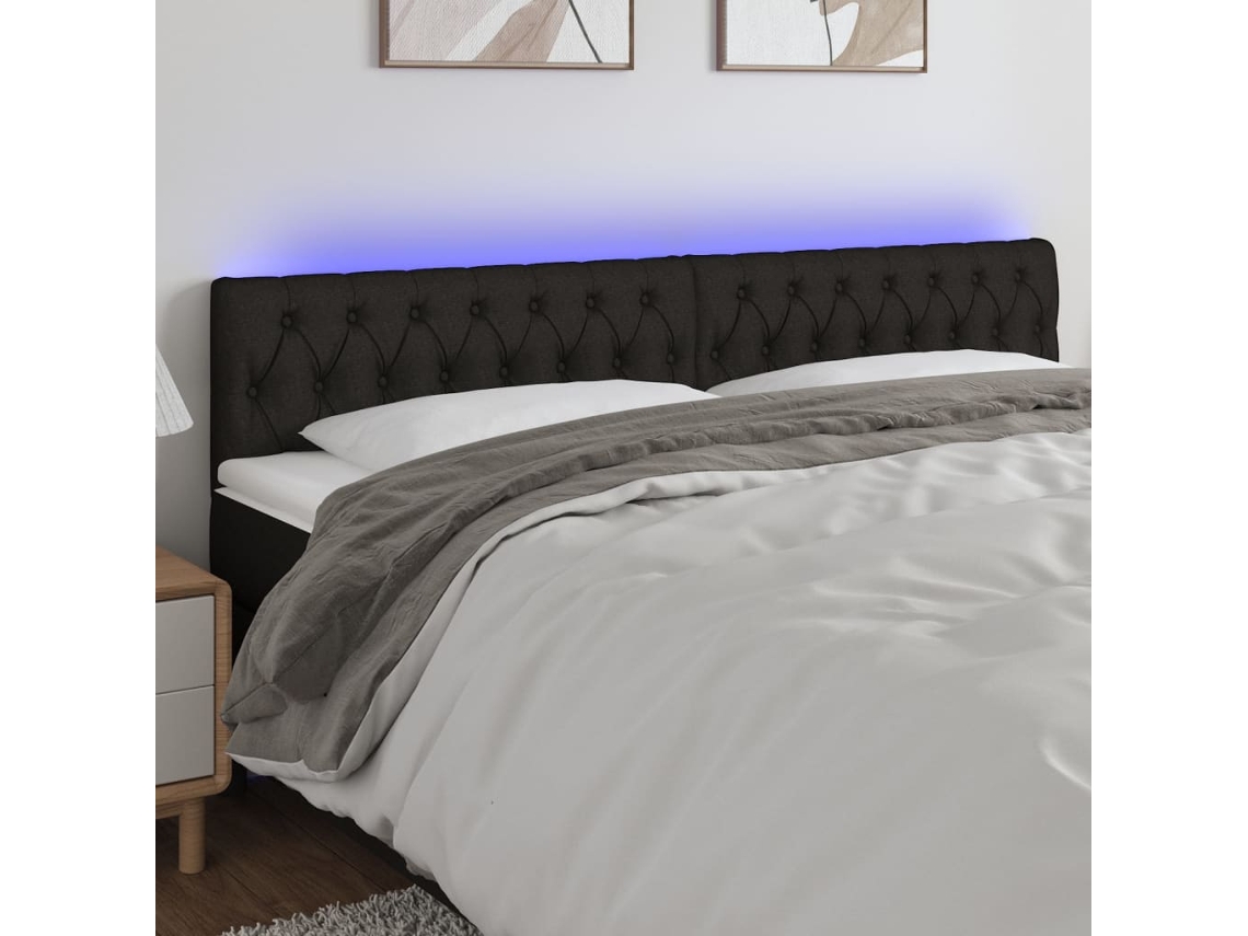 Vidaxl Cabeceira De Cama C/ Luzes Led Tecido 180x7x78/88 Cm Preto