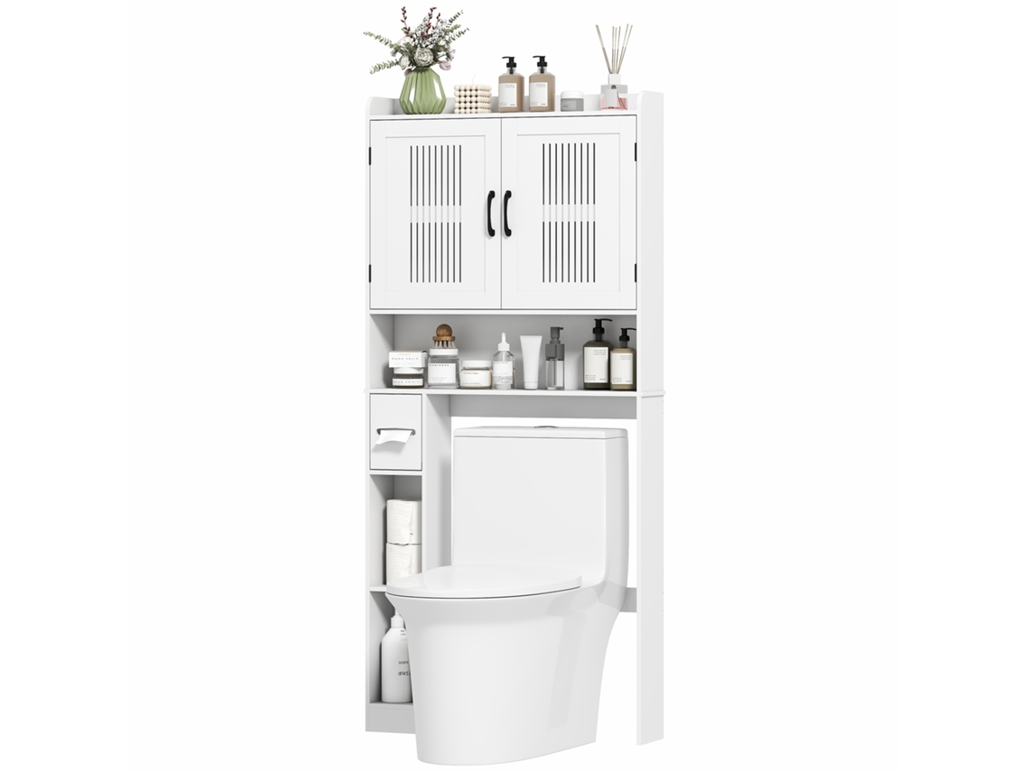 Armário Sobre Sanita Com Prateleira Ajustável 2 Portas Suporte Para Papel Higiênico Para Máquina De Lavar 80x19,5x170 Cm Branco