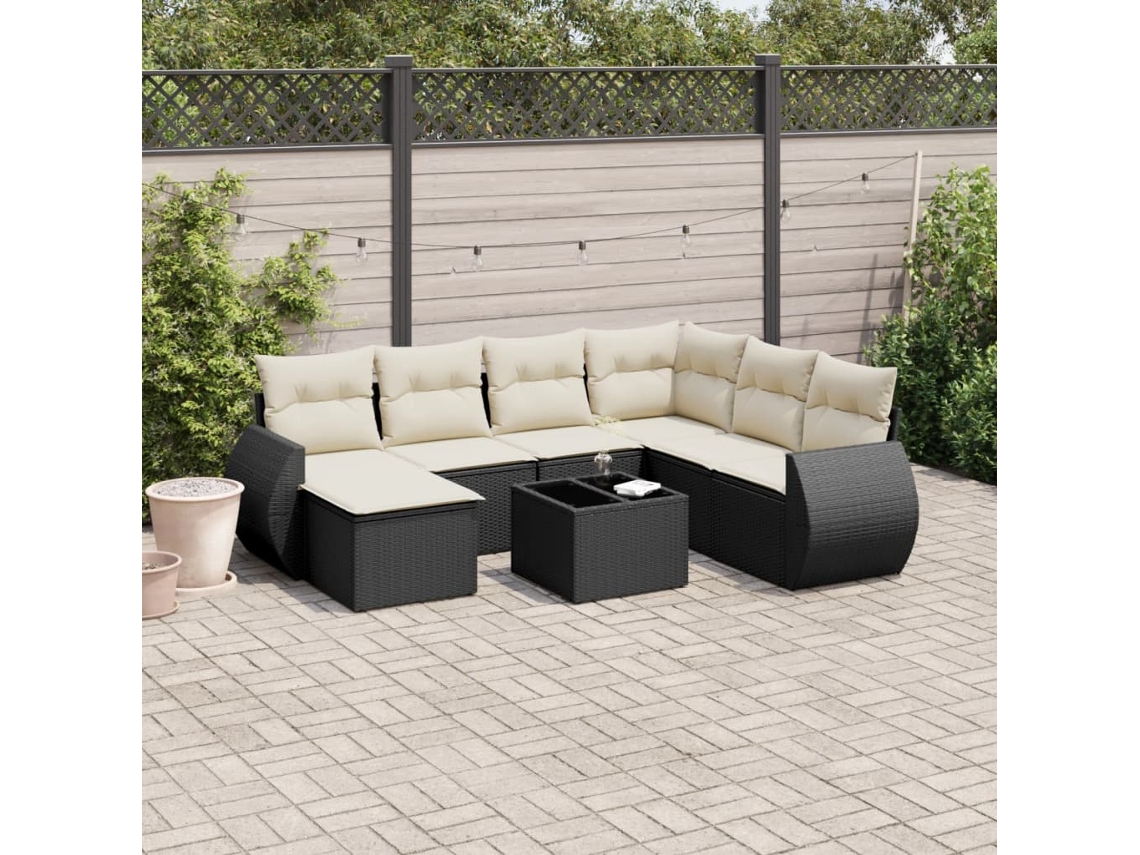 Vidaxl 8 Pcs Conjunto Sofás De Jardim Com Almofadões Vime Pe Preto