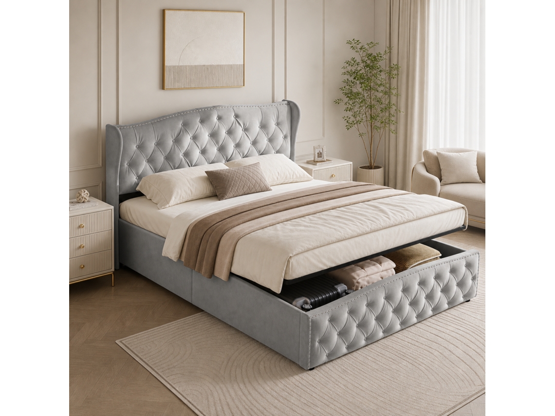 Cama De Casal Estofada 160x200cm Com Espaço De Arrumação, Cama Hidráulica Com Base De Ripas E Cabeceira Almofadada, Veludo, Cinzento, Simurq