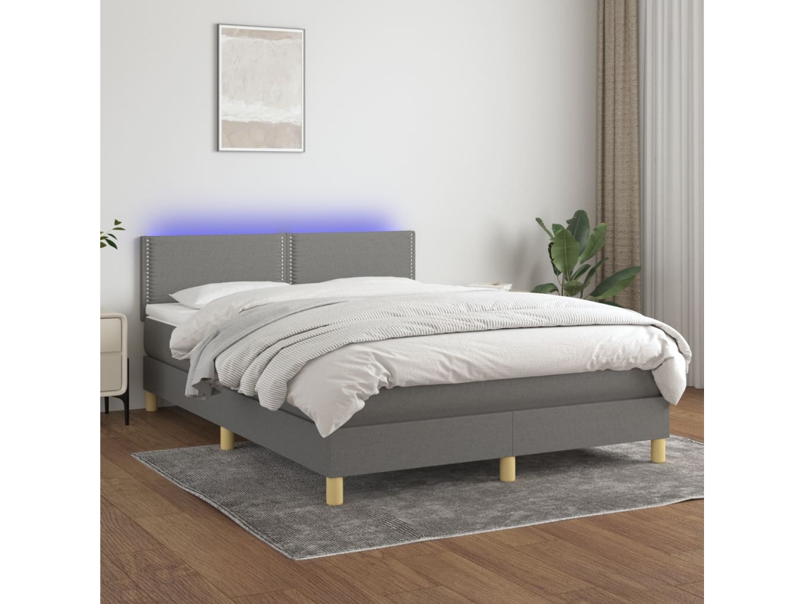 Vidaxl Cama Box Spring C/ Colchão E Led 140x200 Cm Tecido Cinza-escuro