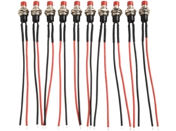 Pacote Com 10 Mini Interruptores De Botão Pressão 12v 3a, Pré Cabeados, Momentâneos, Não Desligados, Vermelhos, Com Cabo