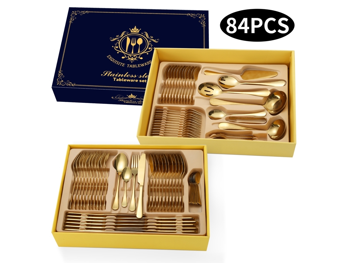 Conjunto De Caixa De Presente De Talheres De Aço Inoxidável 84 Peças Ouro Yunzii