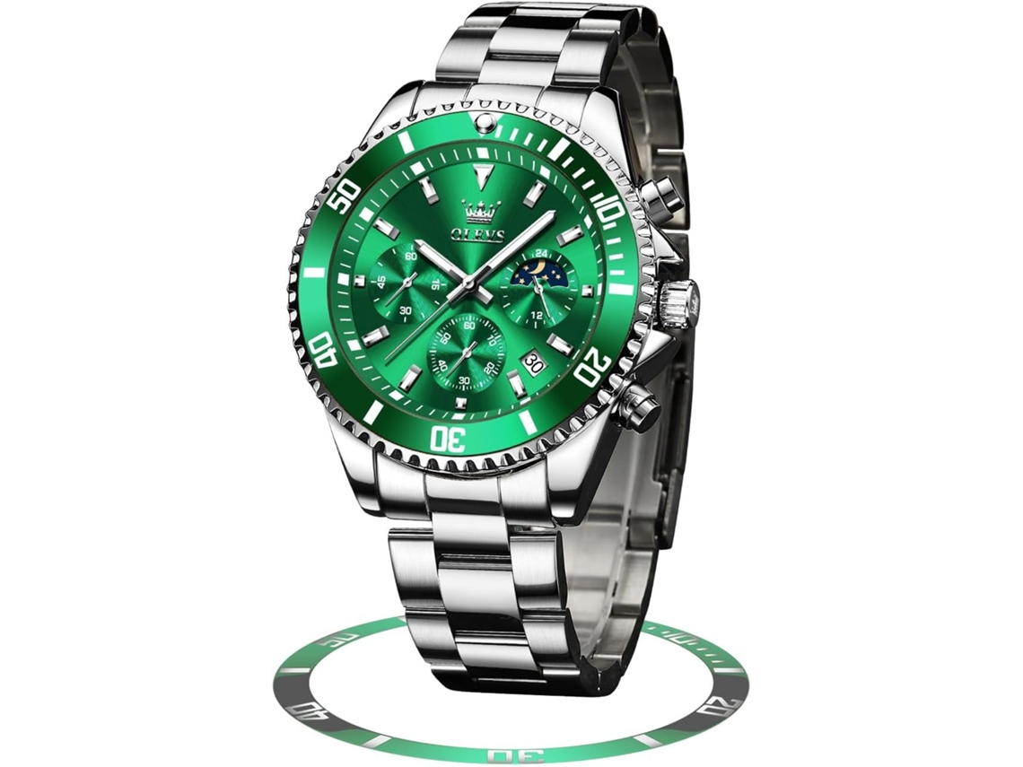 Lurelia Relógio Cronógrafo Masculino, Movimento De Quartzo, Data/calendário, Luminoso, Aço Inoxidável, Resistente À Água 30m, Prata, Verde