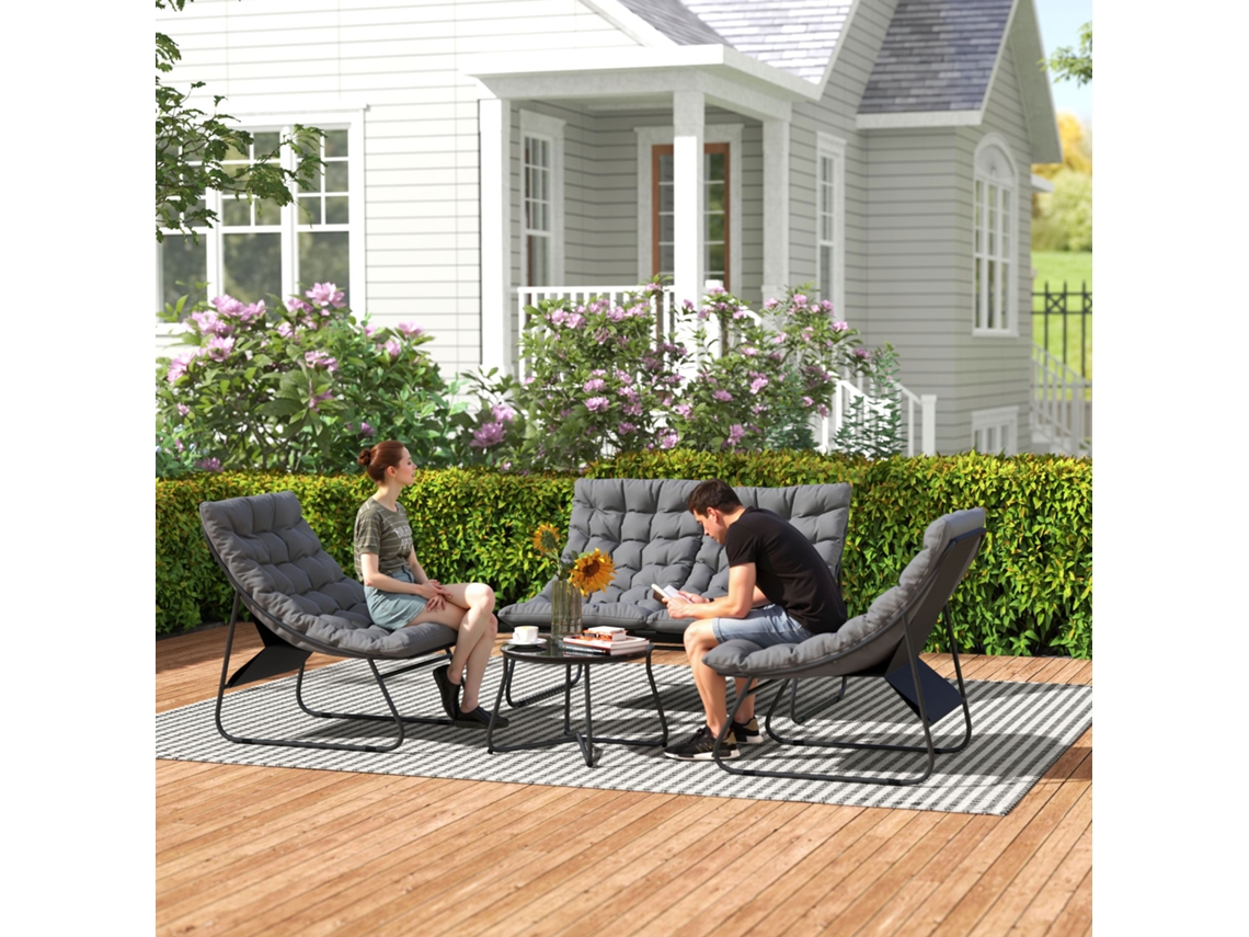 Móveis De Jardim Cinza Para Terraço: Conjunto De 4 Lugares Com 2 Cadeiras, 1 Sofá Duplo, 1 Mesa, Travesseiros Grossos E Estrutura De Aço
