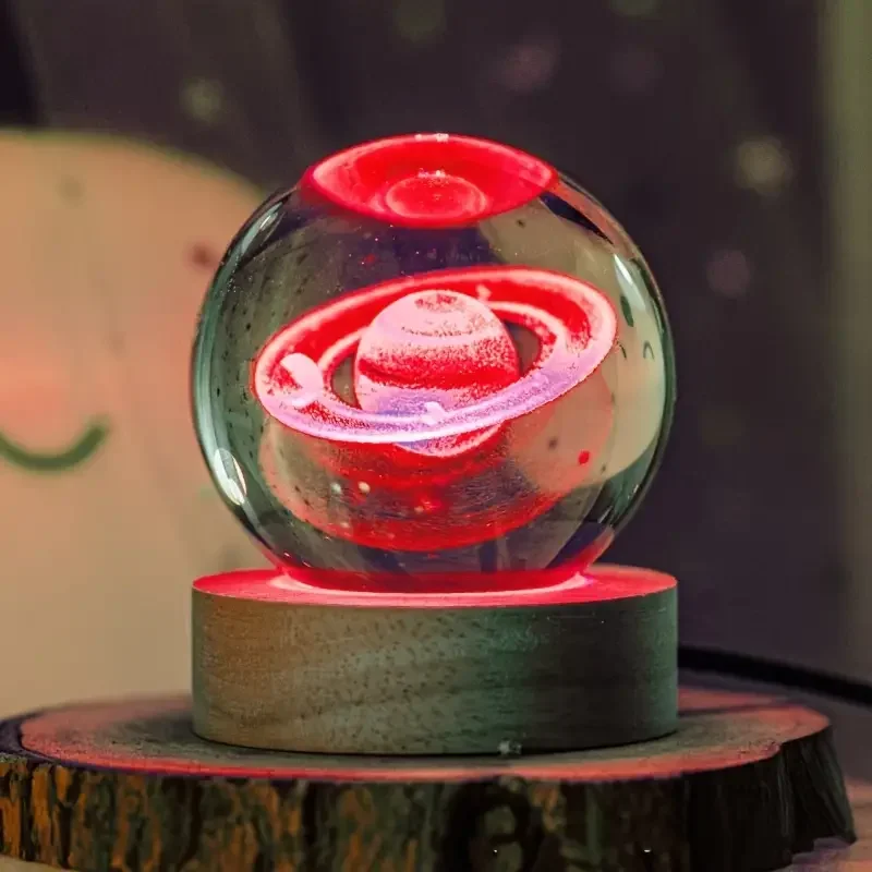 Luminária Noturna de Cristal Saturno 3d de 6cm para Decoração de Quarto MDUG (luz Colorida)