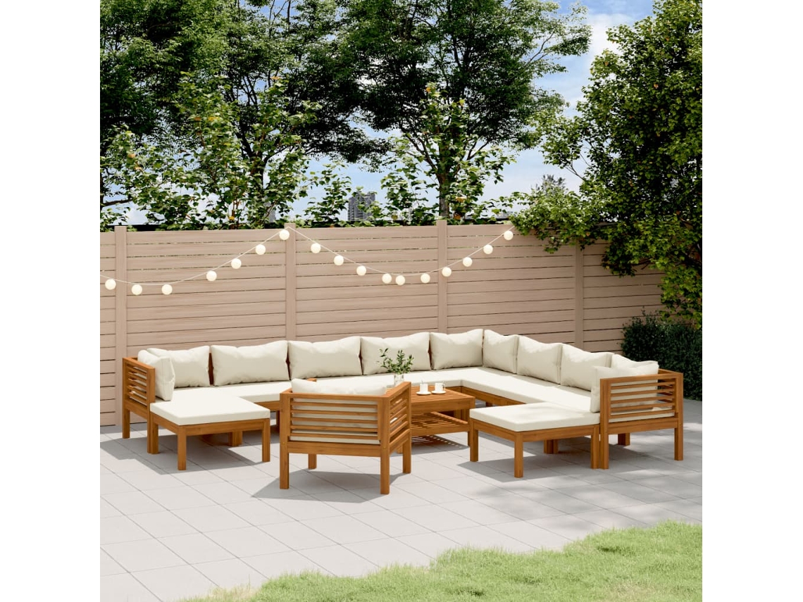 12 Pcs Conjunto Lounge Jardim C/ Almofadões Creme Acácia Maciça Dkd Home Decor