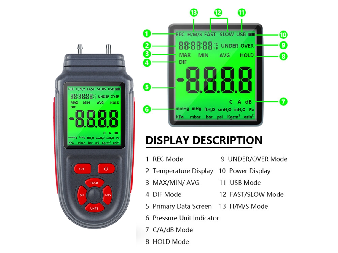 Manômetro Digital E Medidor De Pressão Diferencial Com Display Lcd, Alimentação Bateria/usb, Medição Temperatura ℃/℉