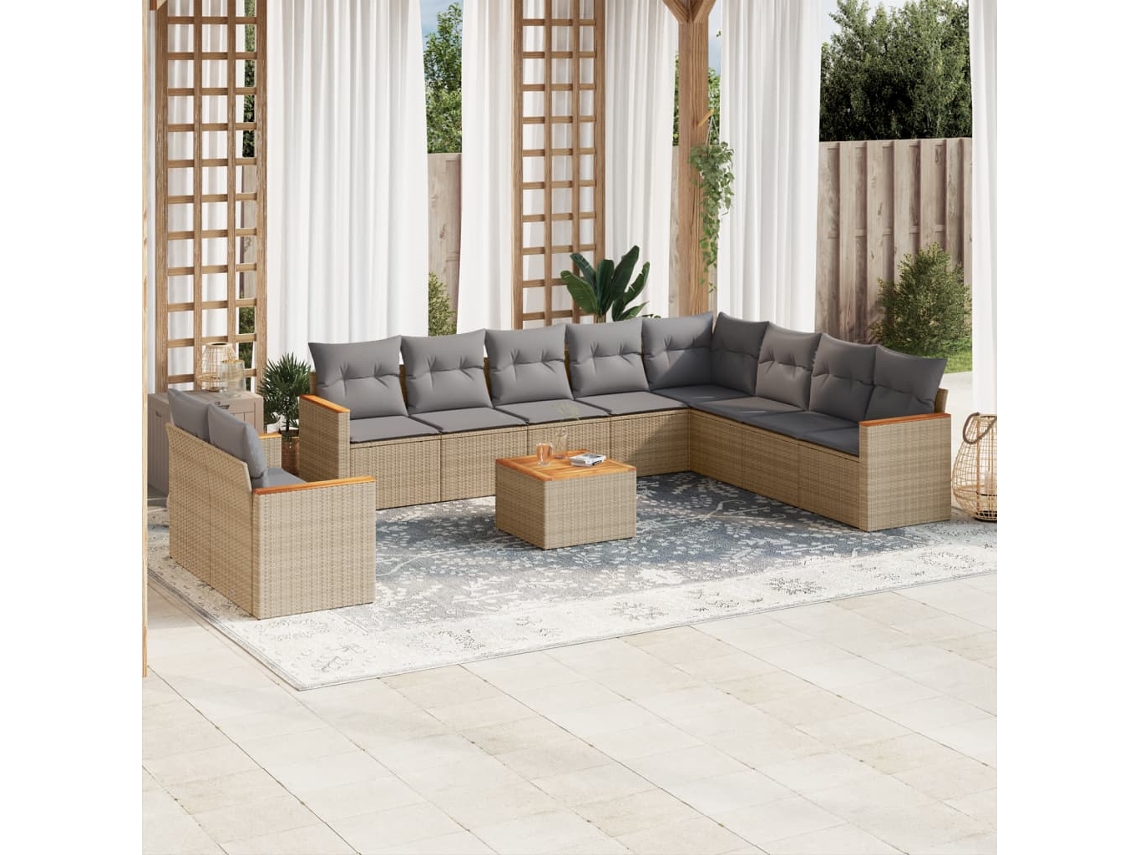 Vidaxl 11 Pcs Conjunto Sofás De Jardim C/ Almofadões Vime Pe Bege