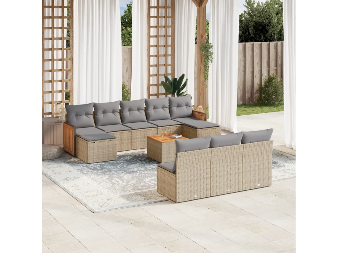 Conjunto de Sofá de Jardim 11 Peças C/ Almofadões Vime Pe Bege Dkd Home Decor