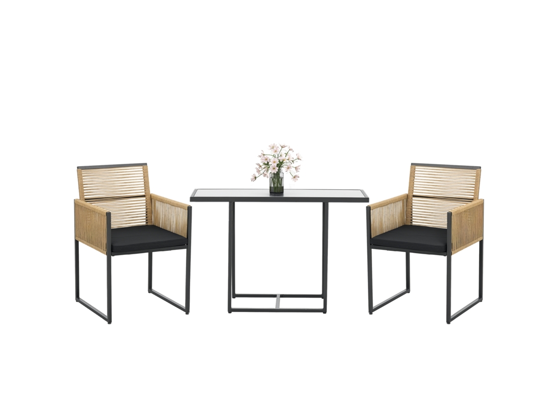 Conjunto Vime 2 Cadeiras Dobráveis Mesa Vidro Natural Preto