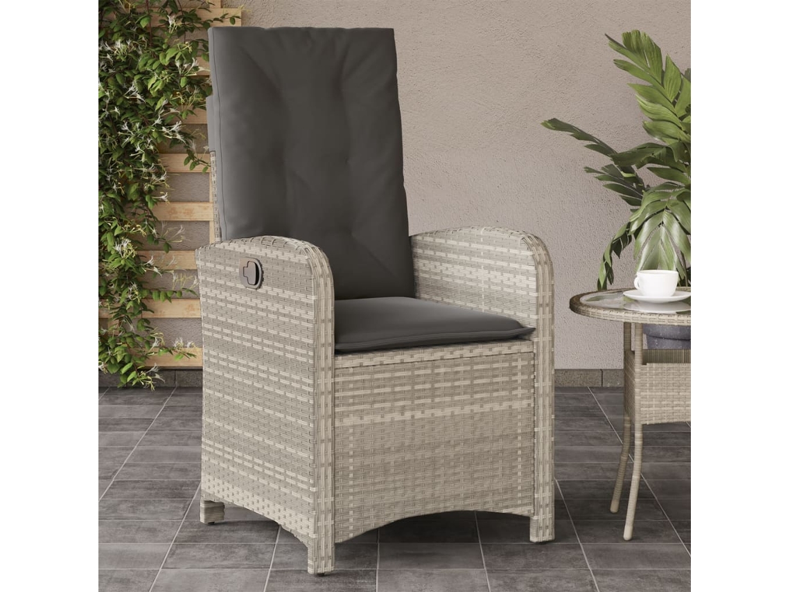 Vidaxl Cadeira Jardim Reclinável Com Almofadões Vime Pe Cinzento Claro