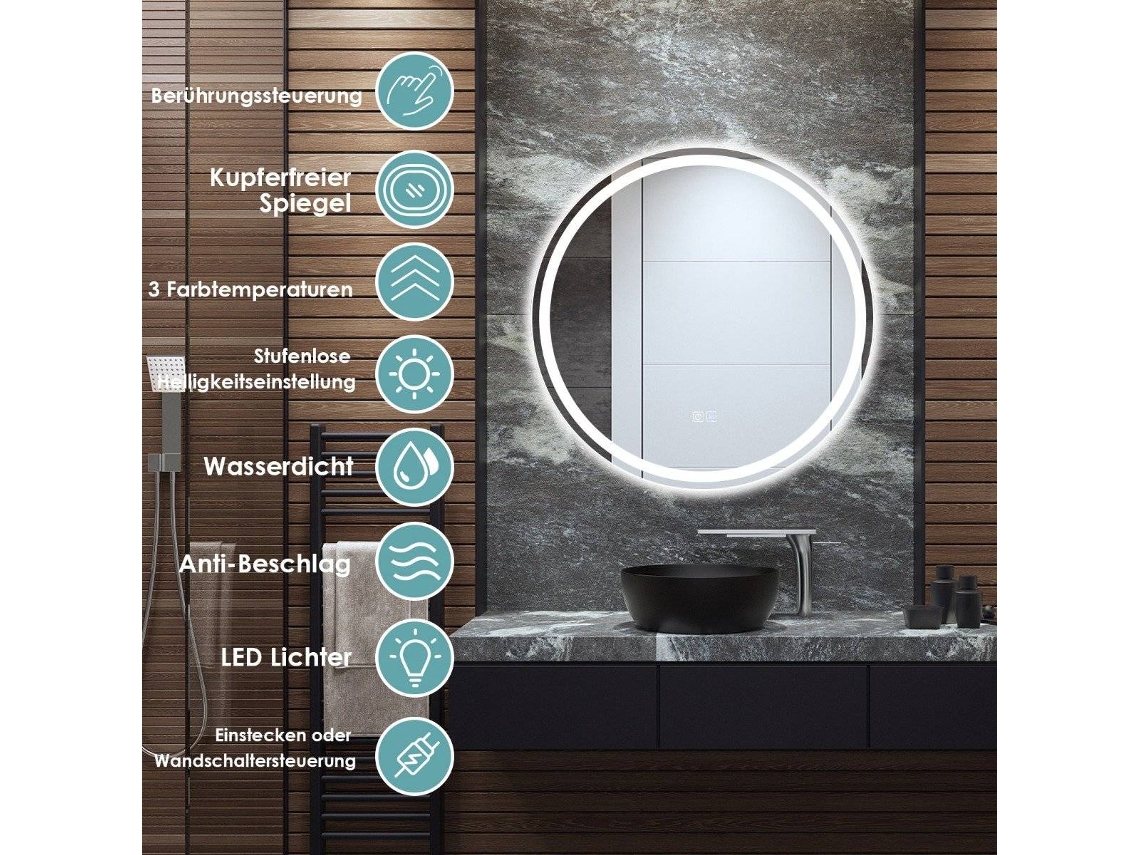 Espelho Redondo Led para Banheiro com Interruptor de Toque, Antiembaçante, Vidro Sem Cobre, Ø 60 Cm, Prata NORTHIO