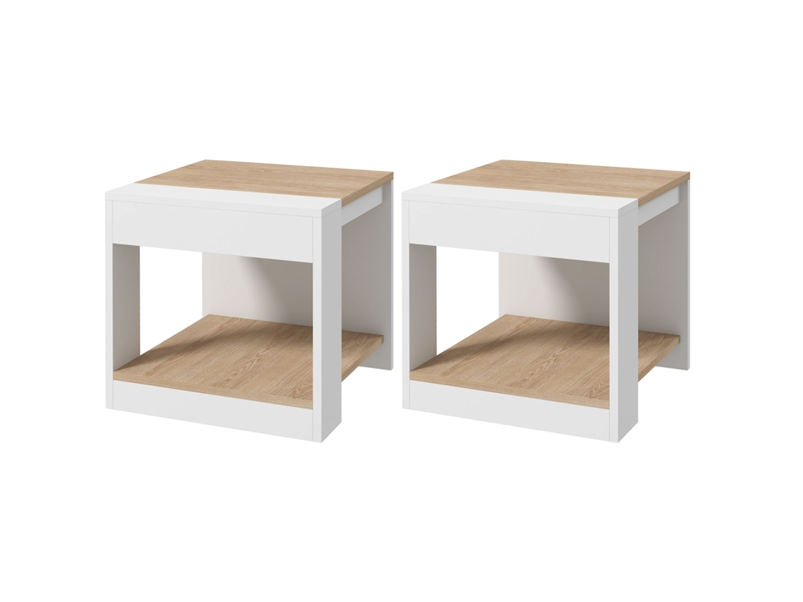 Conjunto de 2 Mesas Laterais de Cabeceira 40x40x45 cm Brancas y Naturais ORBITRA COMMERCE