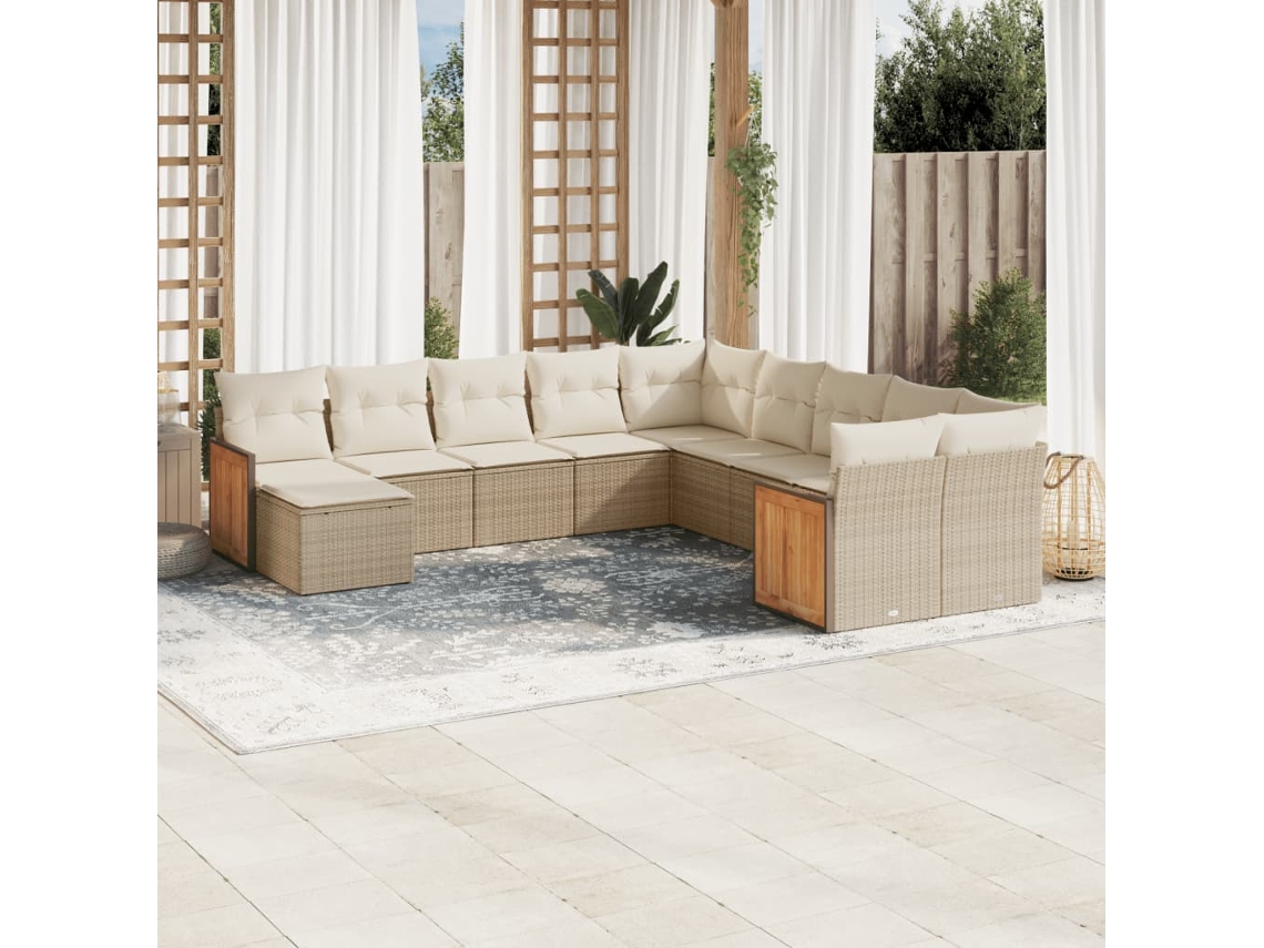 11 Pcs Conjunto Sofás De Jardim C/ Almofadões Vime Pe Bege Dkd Home Decor