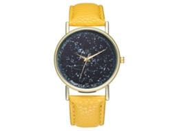 Relógio de quartzo unissex com pulseira de couro PU e mostrador amarelo moderno com estampa do universo.