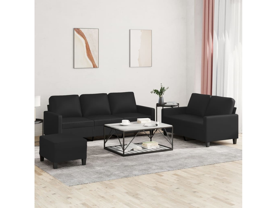 Vidaxl 3 Pcs Conjunto De Sofás Com Almofadões Couro Artificial Preto