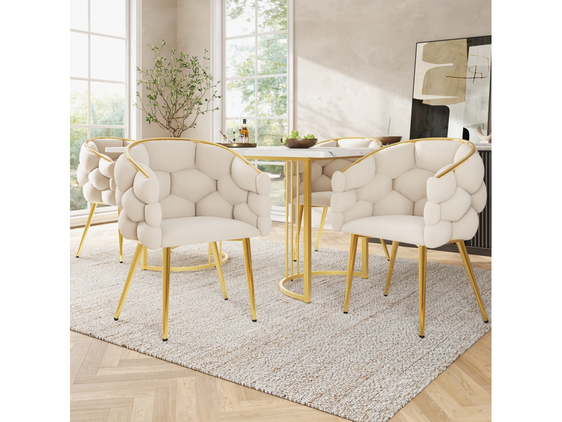 4 Poltronas Veludo Luxuoso, Cadeiras Sala Estar/jantar, Moderno Elegante, Pés Dourados Ferro, Bege, Modelo Bolha, Ergonômicas.