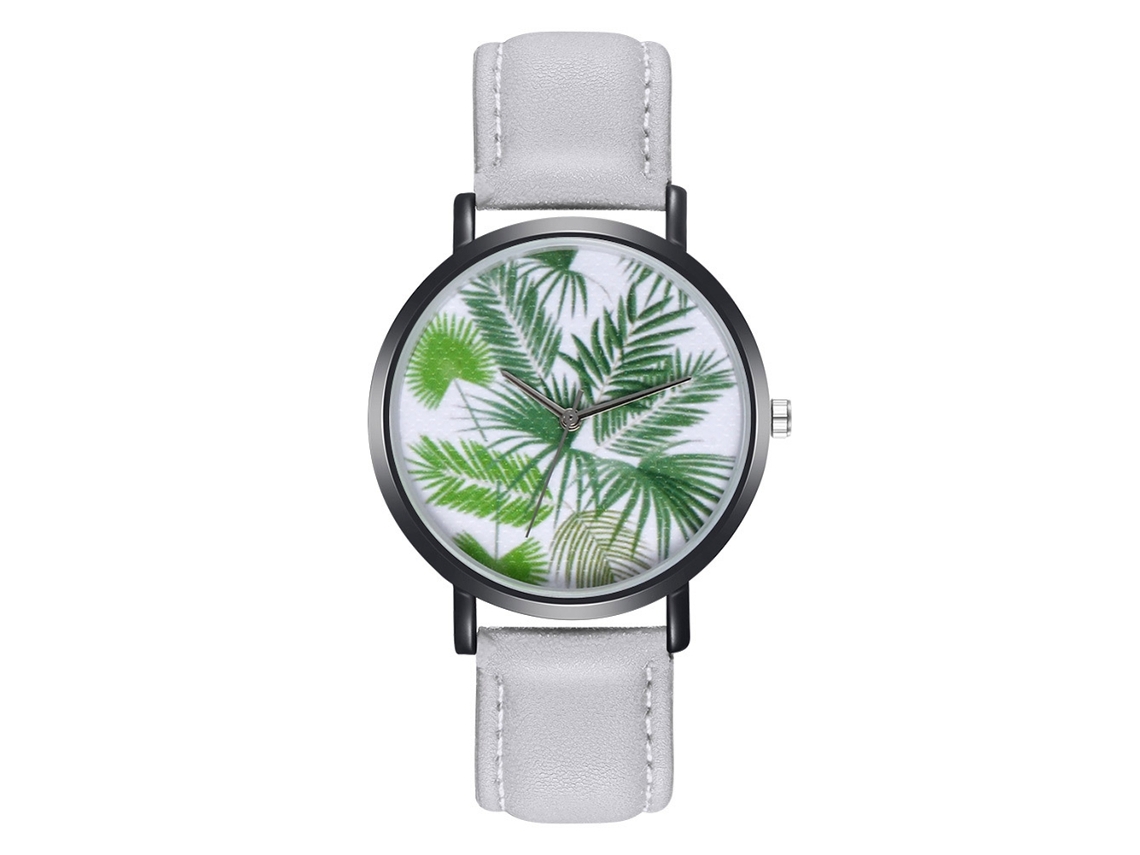 Relógio de quartzo unissex com pulseira de couro PU com estampa de folha da selva Zhoulianfa (cinza)