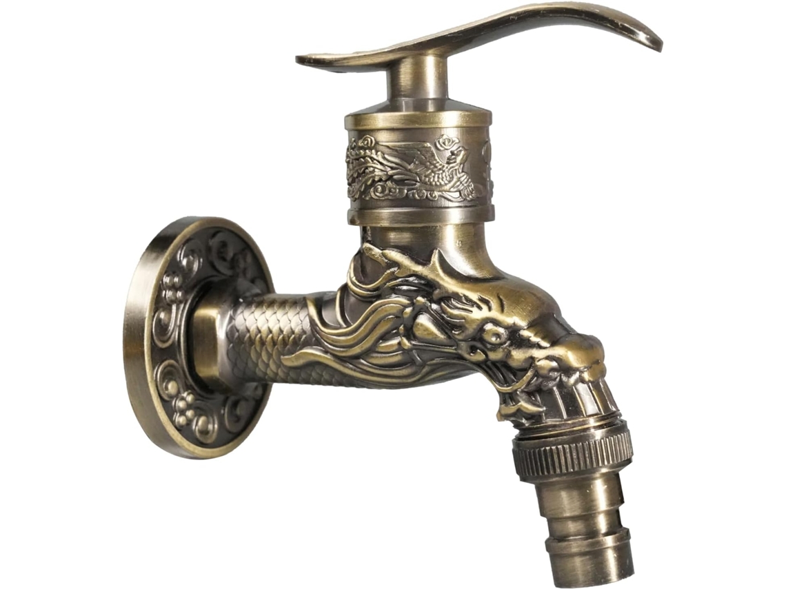 Torneira De Cozinha, Montada Na Parede Com Design Retrô De Dragão Esculpido, Cozinha, Banheiro, Jardim, Latão Antigo, Externa, 1/2", Para Casa