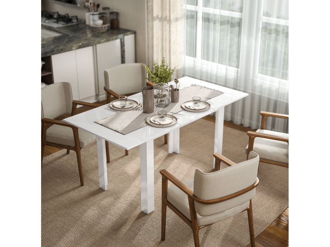 Mesa Extensível 120-160×70cm Mdf Branco Brilhante Regulável Para 4 A 6 Pessoas