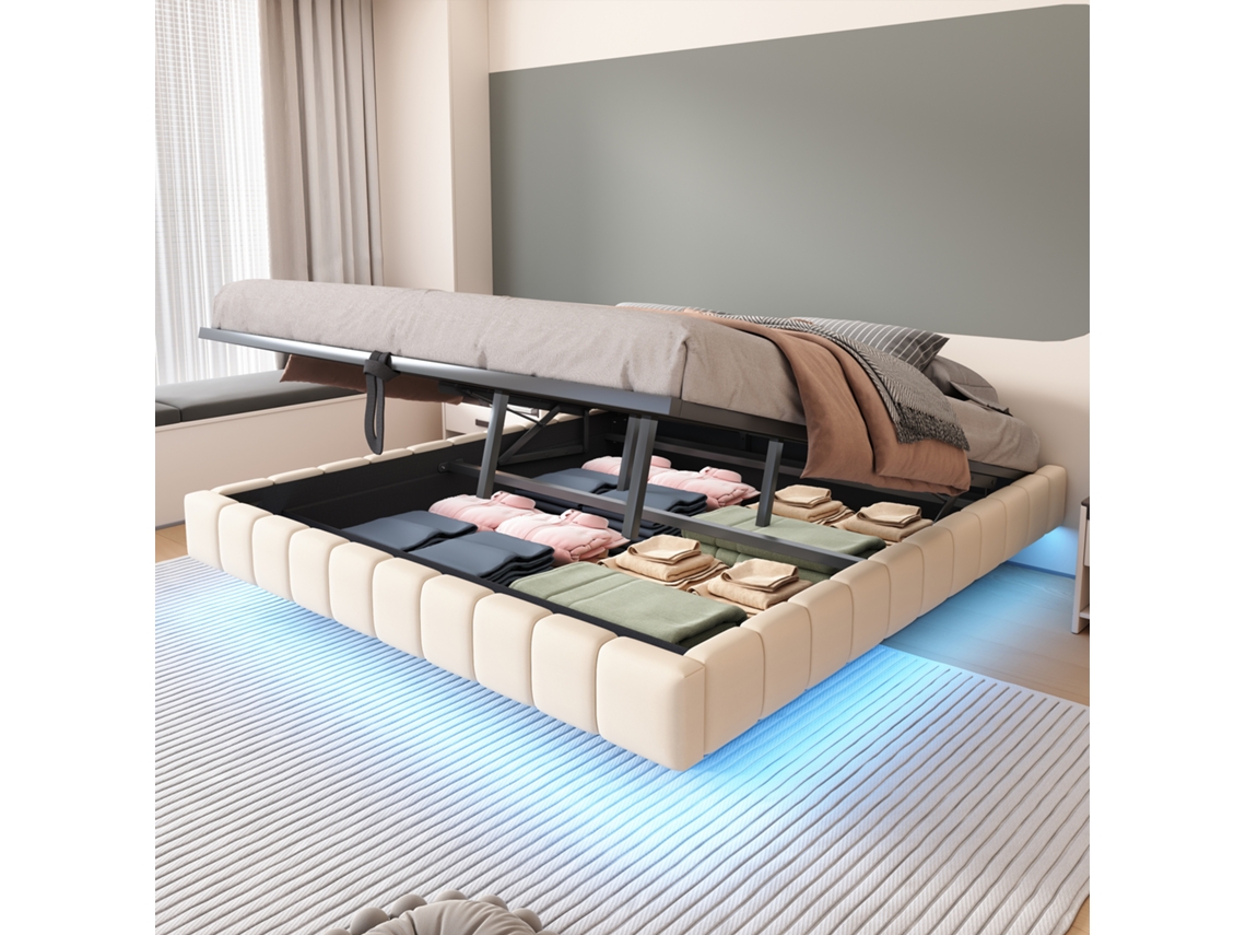 Cama Polster 180x200 Cm Com Hidráulico, Armazenamento E Led Bege Linho